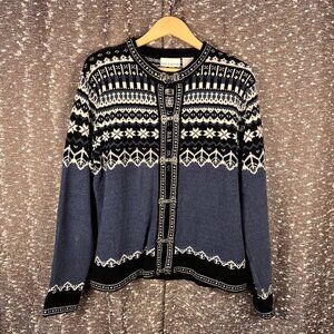 Croft & Barrows Navy White Winter‎ Wonderland Long Sleeve Unique Closure Sweater